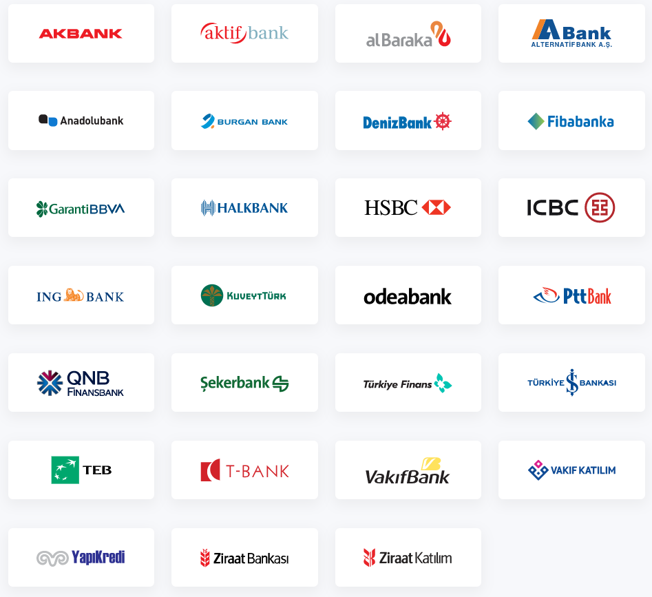 Akbank, Garanti BBVA, Halkbank, İş Bankası, Vakıfbank, Ziraat, QNB Finansbank, Yapı Kredi ve daha pek çok banka entegrasyonu