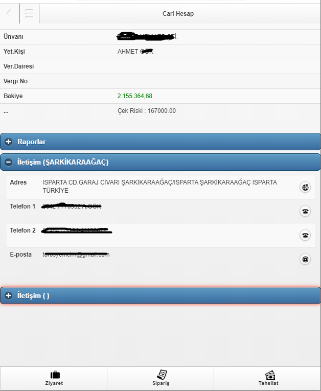 ETA:Mobil Cari Hesap ekranı